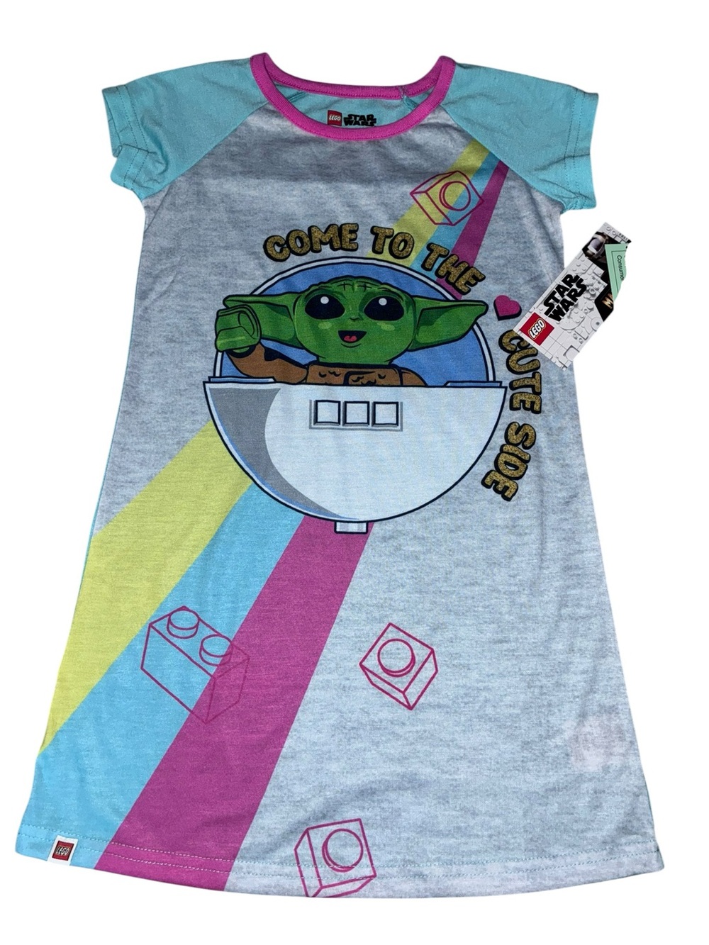 Star Wars Girls Gray Nightgown with Blue Sleeves and Colorful Stripe Graphic